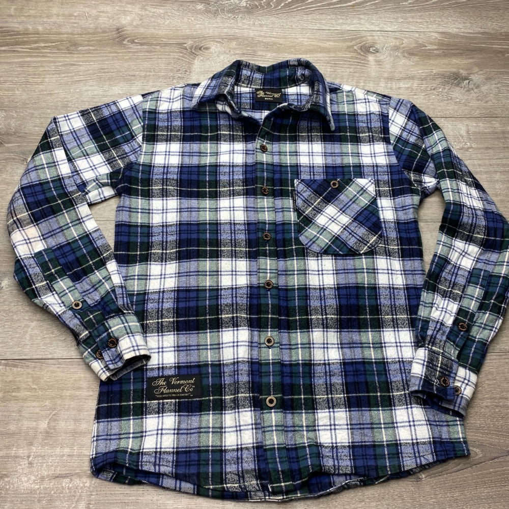 The Vermont Flannel Co Shirt‎ Small Blue Green Plaid Heavy Cotton Button Up Mens